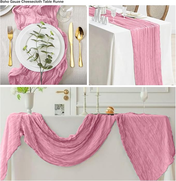6 Pack Dusty Rose Cheesecloth Table Runner 21x120 Inch Boho Wrinkled Sheer Romantic Gauze Decor for Wedding, Bridal Shower, Birthday Party