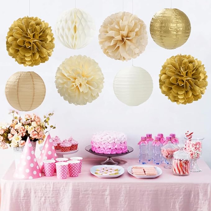 Gold White Champagne Beige Paper Flowers Tissue Pom Poms Honeycomb Lanterns 15pcs Party Decorations Engagement Birthday Wedding Baby Bridal Shower Hanging Supplies Mprocherify