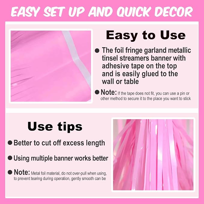 4 Pack 10 Ft Macaron Pink Foil Fringe Garland Metallic Streamers Tinsel Banner Wall Hanging Garland Backdrop for Parade Floats, Graduation, Theme Party, Carnival, Birthday, Wedding Party Decorations