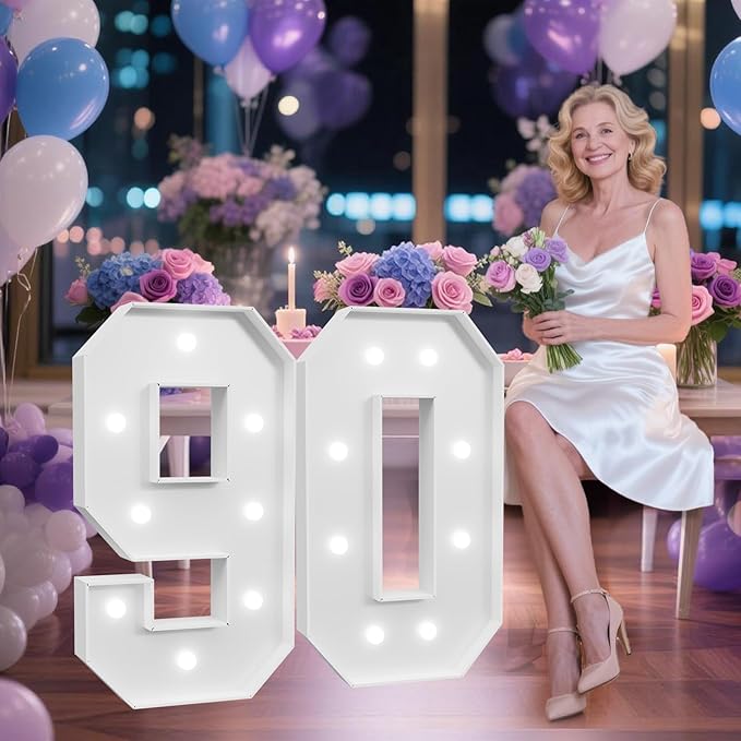 3FT Marquee Numbers 90 with Lights, Large Light Up Numbers Sign for 90th Birthday Party Decorations, Anniversary Celebration Backdrop Decor for Women and Men