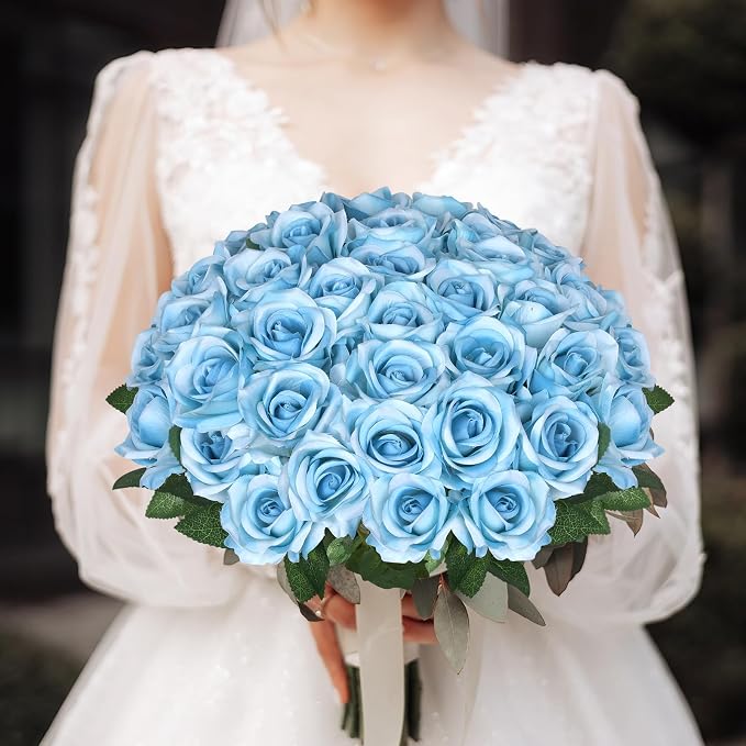 90pcs Fake Sky Blue Roses Artificial Flowers Bulk Realistic Silk Faux Rose with Stems for Wedding Decoration Anniversary Bridal Bouquet DIY Floral Arrangement Romantic Home Decor Gifts
