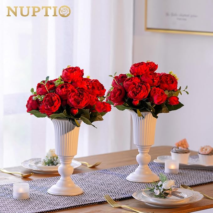 Nuptio 10 Pcs Flowered Metal Trumpet Vase Elegant Wedding Centerpieces Vase for Party Dining Room Decoration, 23.2cm Tall Artificial Flower Arrangements for Anniversary Ceremony, White