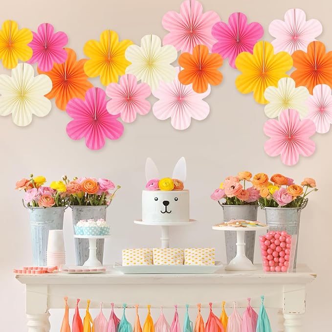 DODOKIM Paper Fans Party Decorations Paper Flowers Decorations for Wall Floral Backdrop Classroom Baby Shower Birthday Party Flower Wall Decor Pack of 18 Pink Orange Yellow