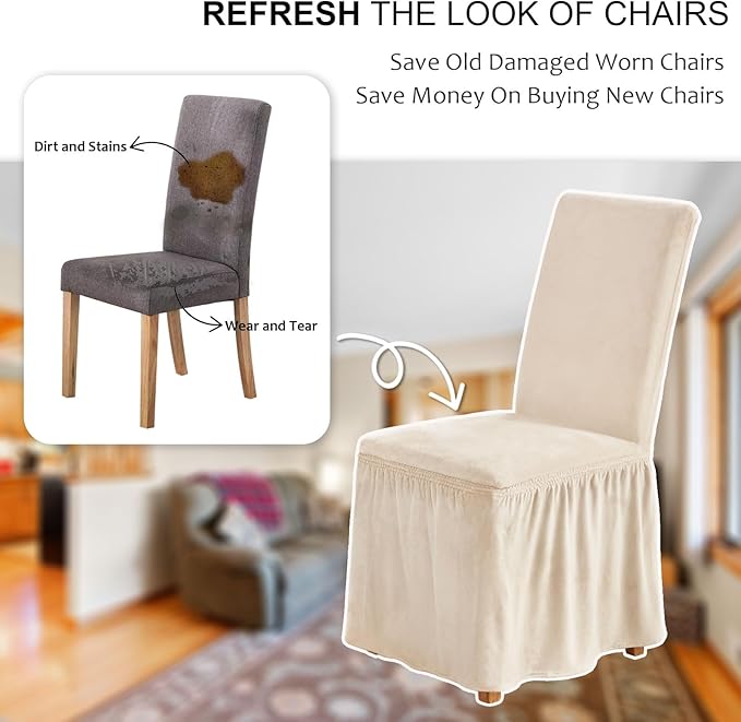 NICEEC Spandex Chair Covers for Dining Chairs Covers Set of 4 Removable Dining Room Chair Covers with Skirt Parson Chair Slipcovers Washable Chair Protector for Kitchen Wedding Party Banquet(Beige)