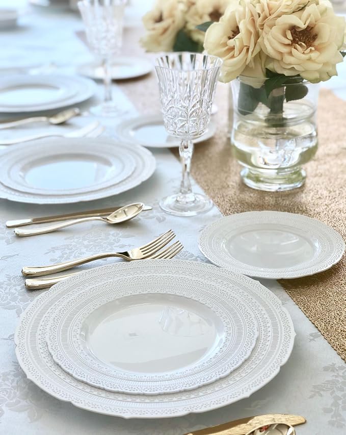 OCCASIONS 120 Guests Heavy Duty Disposable Plastic Plates Set – 240 Piece Premium Reusable Dinner & Salad Plates, Elegant Fancy Party Plates for Weddings, Events, Parties – Chateau White Collection