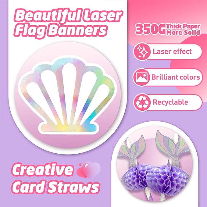 146Pcs Shell Plates and Napkins Iridescent Mermaid Party Supplies Includes Plates, Napkin, Fork, Cup, Straw, Tablecloth, Banner Seashell for Under the Sea Birthday Party Decorations, Serves 24