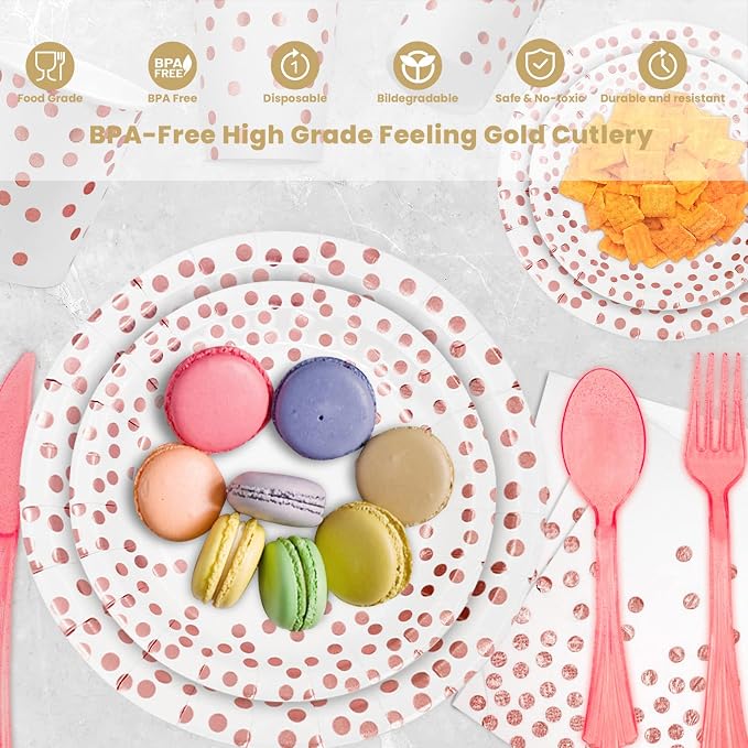 AIRE Pink Rose Gold Paper Plates Set, 175PCS Disposable Dinnerware for 25 | Thick food-grade paper,ideal for elegant weddings birthday graduations,leakproof heavy-duty,eco-friendly party supplies