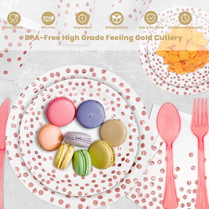 AIRE 175PCS White Rose Gold Party Supplies, Heavy Duty Disposable Dinnerware Set Serves 25, Paper Plates Plastic Forks Knives Spoons for Women Birthday, Bridal Shower, Girl Baby Shower