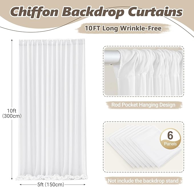 30ft x 10ft Cream White Backdrop Curtains, Wrinkle-Free Sheer Chiffon Fabric Photo Backdrop Drapes for Wedding Arch Party Ceremony Stage Photography Decorations