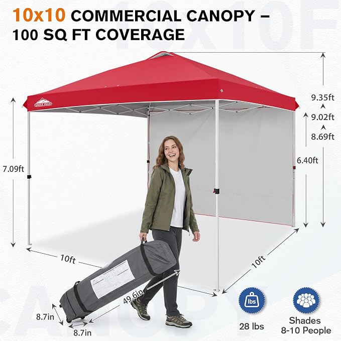 EAGLE PEAK Commercial Canopy 10x10 Pop Up Canopy Tent with 1 Sidewall, Easy Setup Heavy Duty Instant Event Shelter for Vendors & Markets, Outdoor Sun Shade, Red