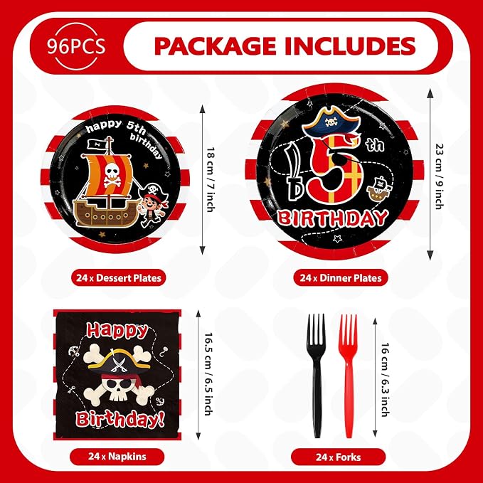 96Pcs Pirate 5th Birthday Party Decoration Pirate Fifth Birthday Plates and Napkins Red Black Ship Skull Disposable Paper Tableware Set for Kids Boys 5 Year Old Party Supplies Serves 24