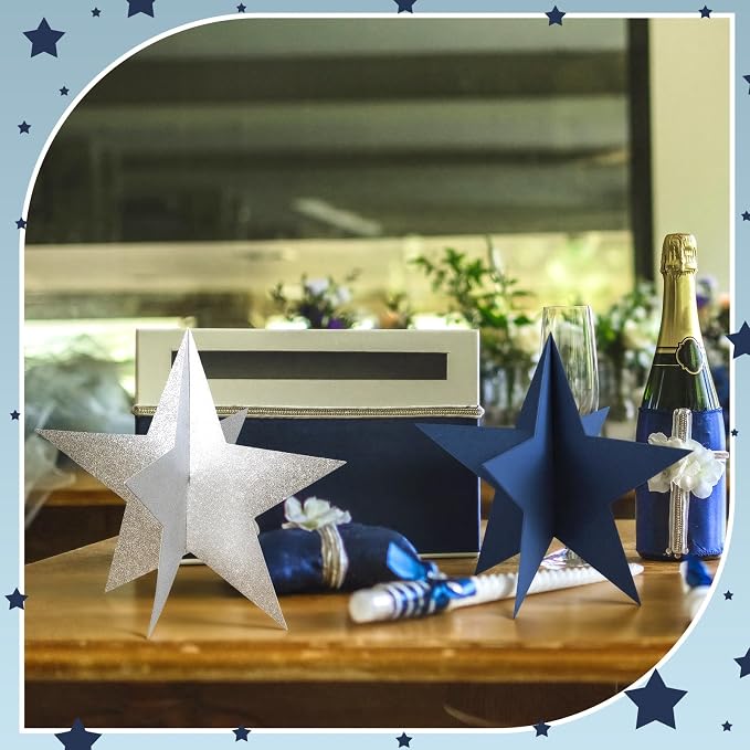 Sinload 18 Pcs Large 3D Glitter Star Decorations Back to School Work Navy Blue Silver Star Centerpiece Standing Hanging Decor for School Centerpiece Starry Movie Night Themed Party Decor