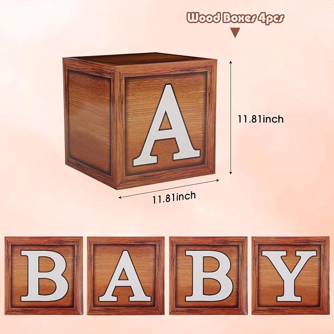 Voircoloria Baby Shower Decorations - Boxes with Letters for Gender Reveal (Wood) - 4 Balloon Boxes Included