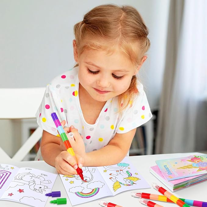 BenLouis 24 Unicorn Mini Coloring Books Kids with 24 Stacking Crayons Rainbow Party Favors Activity Books Bulk for Kids Unicorn Birthday Goodie Bag Gift Stuffer Classroom Reward