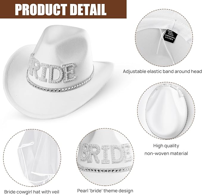 MGupzao Cowboy Hat with Veil Bachelorette Party, White Cowgirl Hat Wedding, Bridal Shower Decoration, Bride to be Gift
