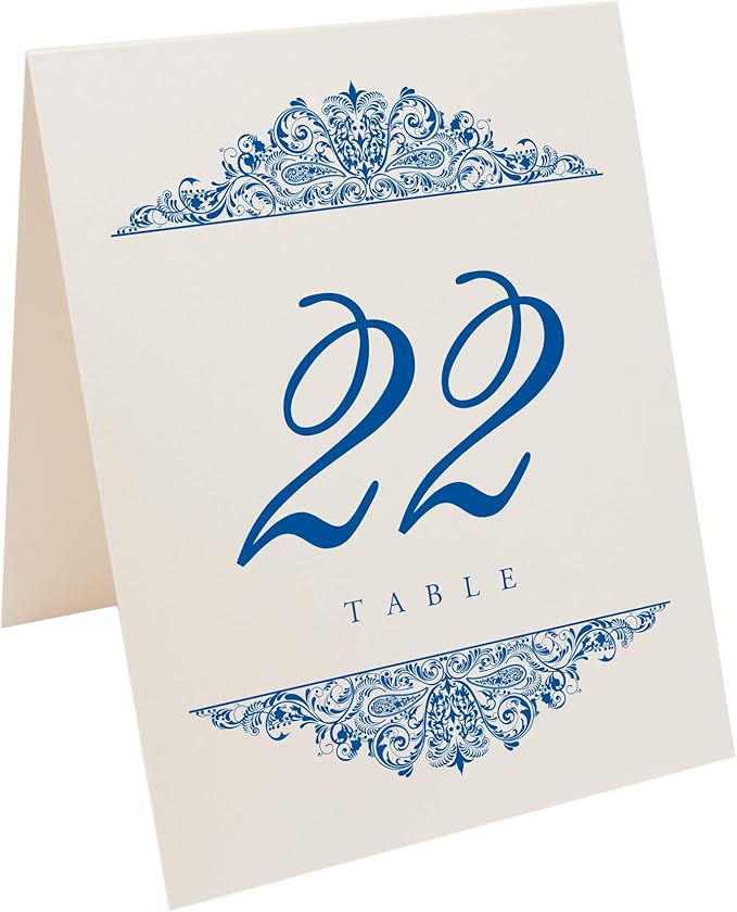 Paisley Wedding Table Numbers (Select Color/Quantity), Champagne, Royal Blue, 1-40, Double Sided, Tent or Use in a Stand, Great for Parties & Restaurants - Made in the USA