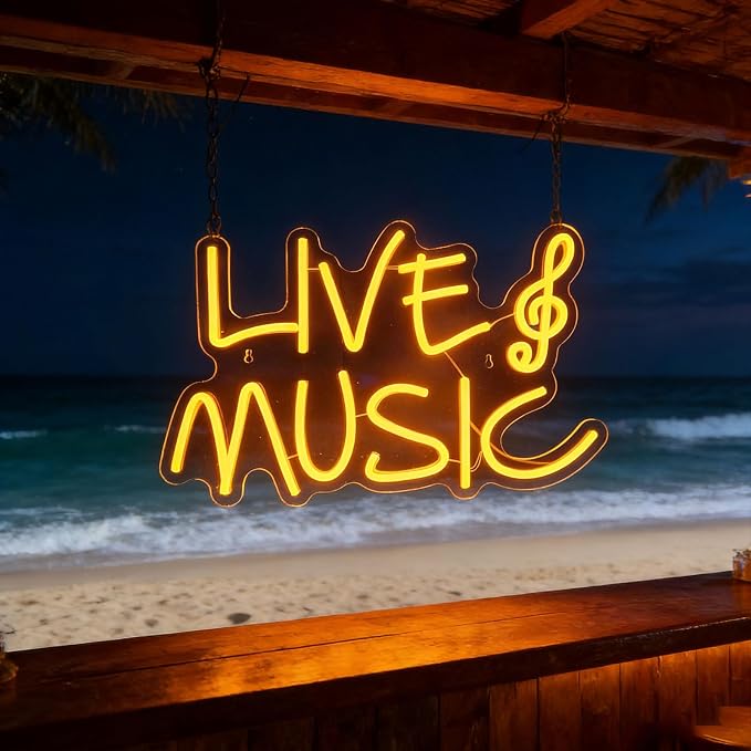Live Music Neon Signs for Wall Decor, LED USB Powered Light Sign, Yellow Neon Light Up Letters Sign for Bedroom Music Studio Room Club Party Decor 16.93 x 11.02"