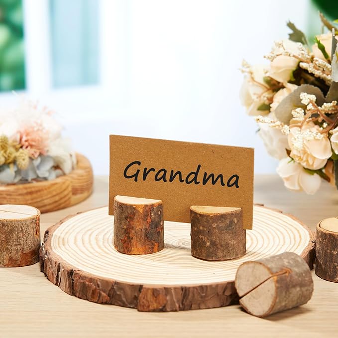 Amyhill Wedding Table Centerpieces 6 Wood Slices 12 Wood Place Card Holders 30 Kraft Place Cards Natural Wooden Table Number Holders Rustic Food Labels Sign Name Card Photo Picture Holder for Party