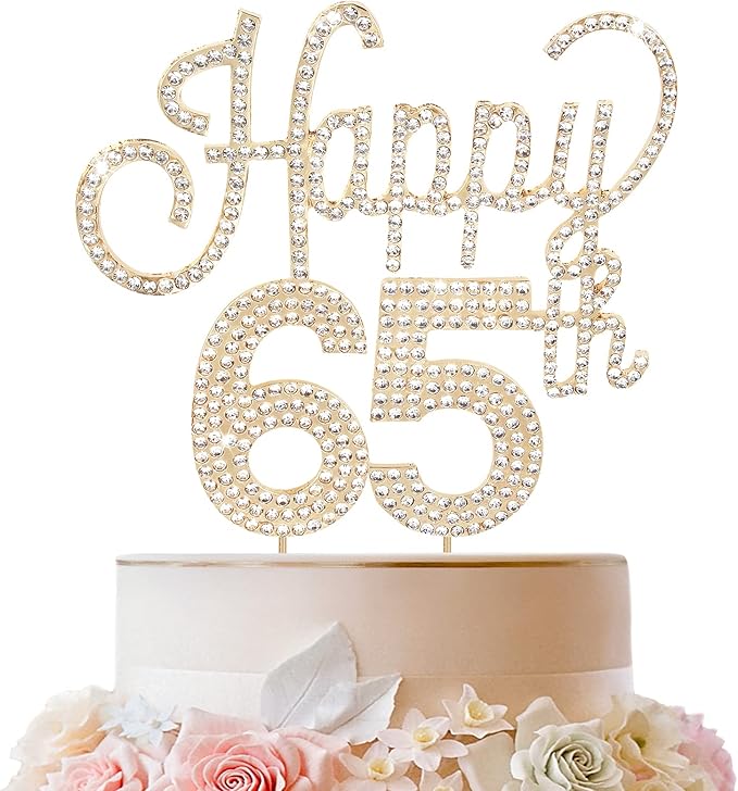 LINGTEER Happy 65th Birthday Gold Rhinestone Cake Topper - Cheers to 65th Birthday 65 Years Old Anniversary Party Cake Centerpieces Topper Decorations Gift Sign.