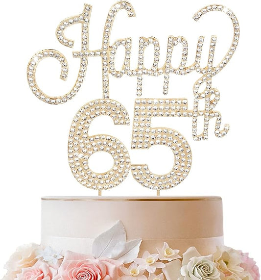 LINGTEER Happy 65th Birthday Gold Rhinestone Cake Topper - Cheers to 65th Birthday 65 Years Old Anniversary Party Cake Centerpieces Topper Decorations Gift Sign.