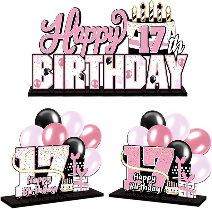 LINGTEER Happy 17th Birthday Pink Acrylic Table Topper Centerpieces Set - Cheers to 17 Years Old Birthday Seventeen Bday Party Gift Decorations.