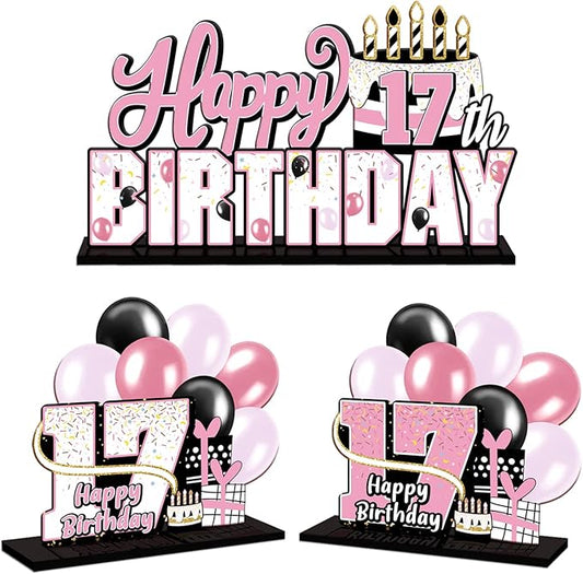 LINGTEER Happy 17th Birthday Pink Acrylic Table Topper Centerpieces Set - Cheers to 17 Years Old Birthday Seventeen Bday Party Gift Decorations.