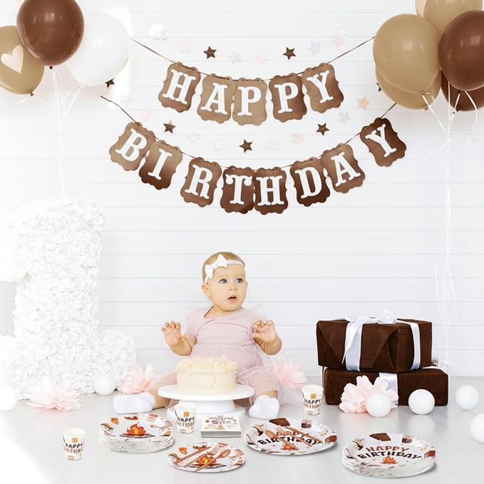 Yungyan 252 Pcs S'mores Camping Birthday Party Tableware Set Included Plates Napkins Cups Forks Knives Cutlery for Party Decorations Supplies 36 Guests