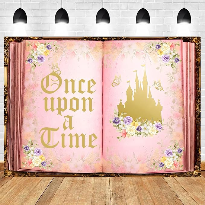 12x8ft Once Upon a Time Backdrop Fairy Tale Book Castle Photography Background Pink Floral Butterfly Princess Birthday Baby Shower Wedding Party Decor Photo Booth Props for Girls Photoshoot