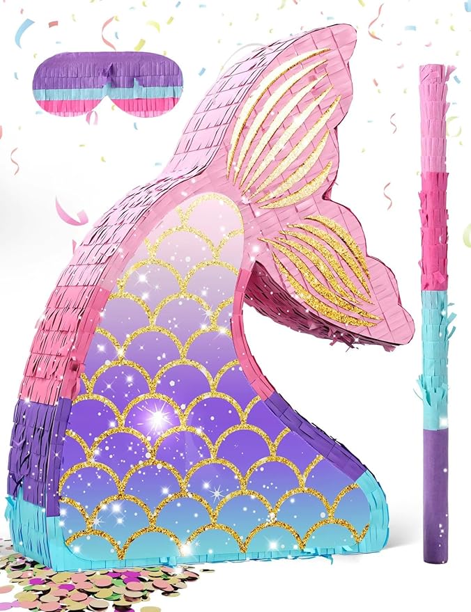 Mermaid Pinatas for Girl, Under the Sea Piñata de Sirena with Wood Stick & Blindfold, Ocean Theme Mermaid Fin and Tail Pinata for Birthday Party Decorations（16"*12"*3"）