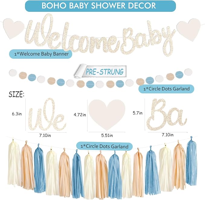 Light-Dusty Blue Boho Baby Shower Party-Decorations Beige Champagne Boy Neutral Welcome Baby Banner Décor With Honeycomb Balls Circle Dots Garland Lantern PomPoms Flowers Hanging Swirls Party Supplies
