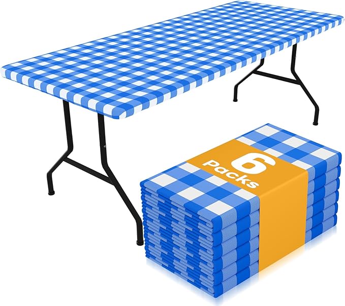 Smiry Picnic Table Cloth 6 Pack, Waterproof Elastic Fitted Tablecloths for 6FT Rectangle Tables, Washable Polyester Buffalo Plaid Tablecloth for Camping, Dining & Outdoor (Blue & White, 30" x 72")