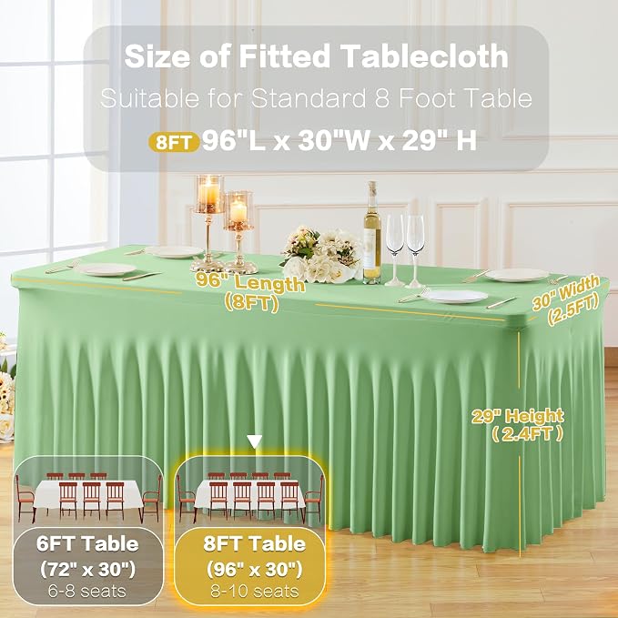 gogoparti 2 Pack Spandex Sage Green Fitted Table Cloth for 8ft Rectangle Tables Sage Green Stretch Tablecloth Table Covers Skirt Banquet Wrinkle Free Tablecloths for Parties Wedding