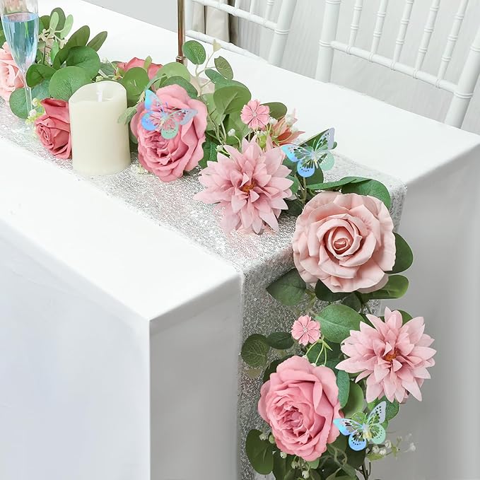 4 Pack 5.9 FT Artificial Flower Garland with Butterflies Fake Rose Garland Faux Greenery Eucalyptus Garlands for Wedding Table Backdrop Arch Centerpieces Decorations - DarkPink