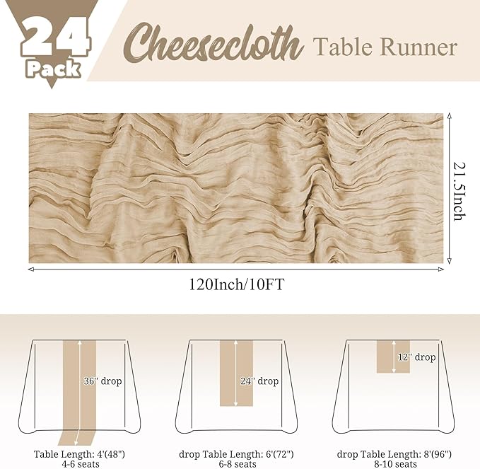24 Pack Beige Table Runner 10Ft Cheesecloth Table Runner Rustic Gauze Table Runners Romantic Long Sheer Fabric Cheese Cloth Table Runners for Wedding Party Bridal Baby Shower