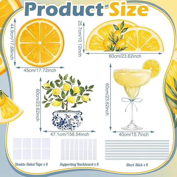 4 Pcs Large Mediterranean Lemon Party Decoration, Amalfi Coast Cardboard Cutouts, Capri Baby Shower Decor for Summer Garden Lawn Yard Sign Bridal Shower Wedding Birthday Decor Photo Prop