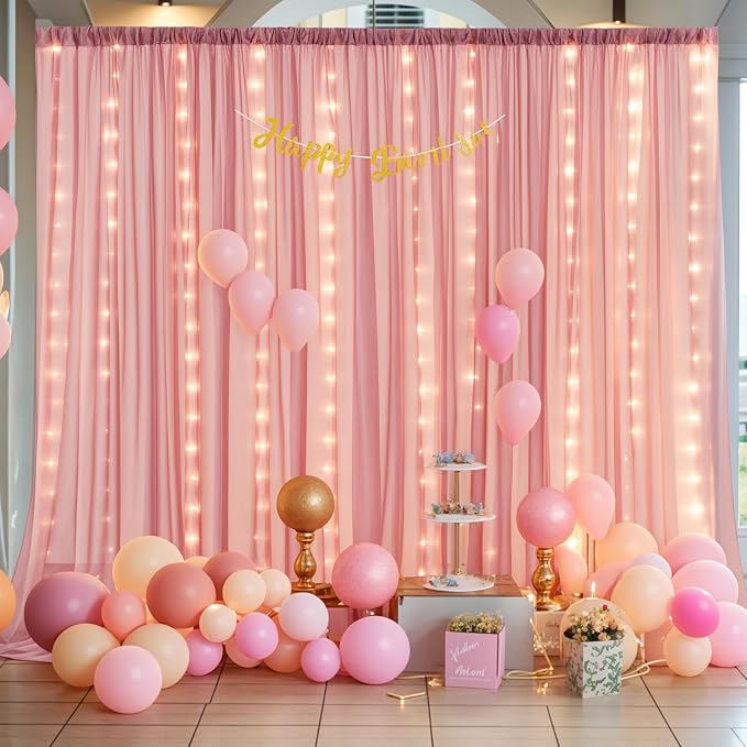 20ft x 10ft Dusty Rose Chiffon Backdrop Curtain with Lights String for Parties,4 Panels Sheer Tulle Curtain Wedding Backdrop for Baby Shower Birthday Party Ceremony Reception Home Decorations