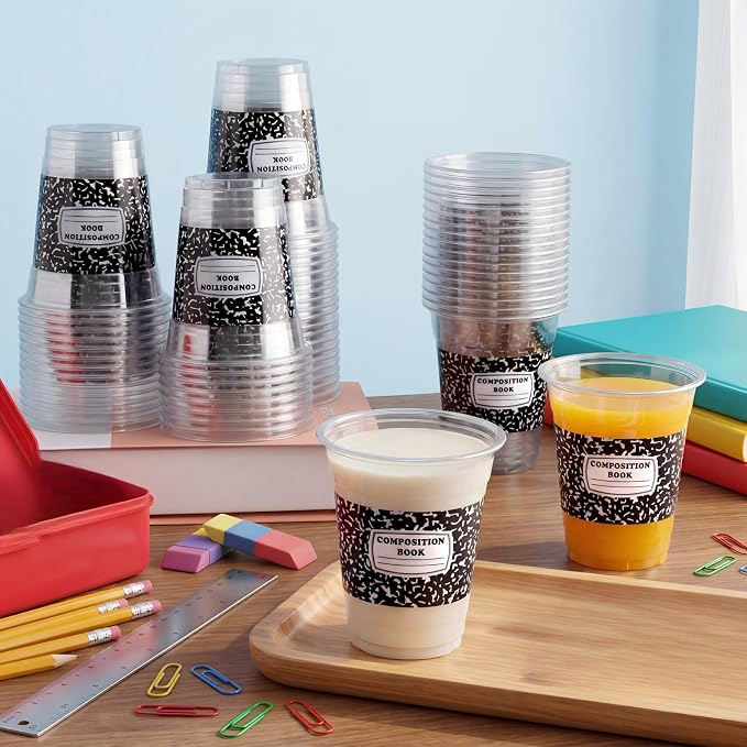 Funnymoom 60 Pack Composition Book Decoration Cups 12 oz Back to School Disposable Clear Plastic Drinking Cups for First Day of School Teacher Graduation End of Year Party Decorations Supplies