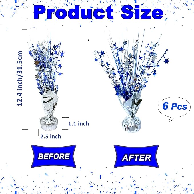 FUBININA 6 Pack Metallic Foil Spray Centerpiece Star Table Decoration Burst Table Centerpieces for Birthday Wedding Anniversary Graduation Holiday Party Supplies Decor, Silver Blue