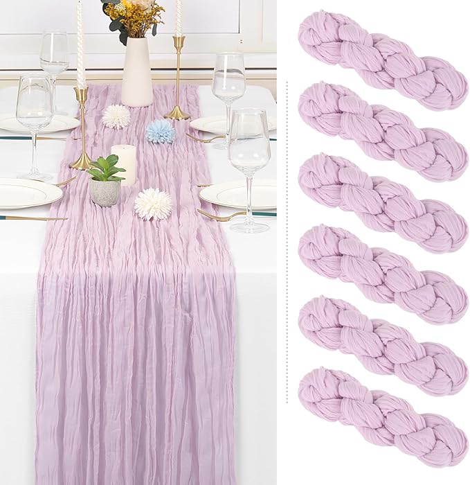 6 Pack Purple Pink Cheesecloth Table Runner Gauze - 10FT Long Semi-Sheer Boho Rustic Wedding Decor for Arch Draping Bridal Shower Holiday Party