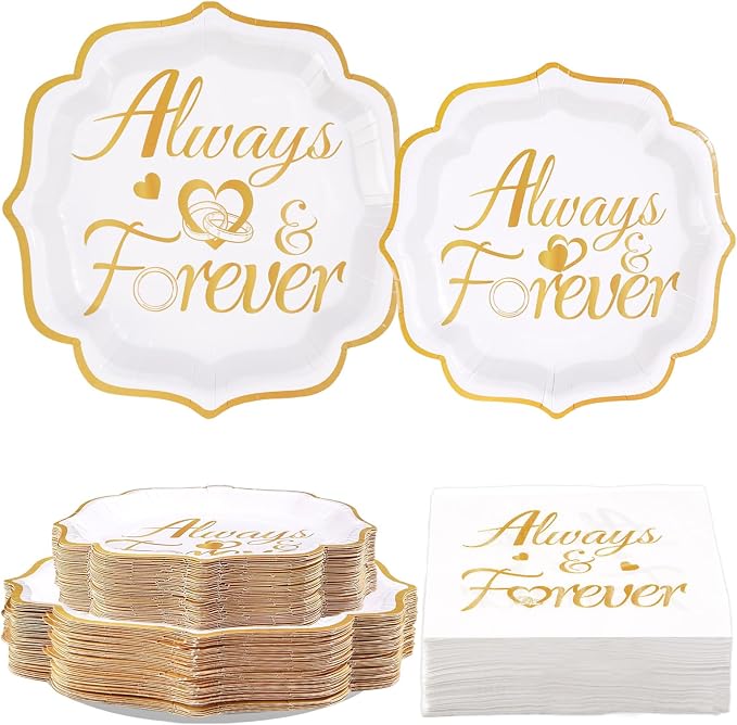 200Pcs Always and Forever Wedding Plates and Napkins White and Gold Scalloped Disposable Tableware Set for Wedding Bridal Shower Bachelorette Hen Party Supplies Serves 50