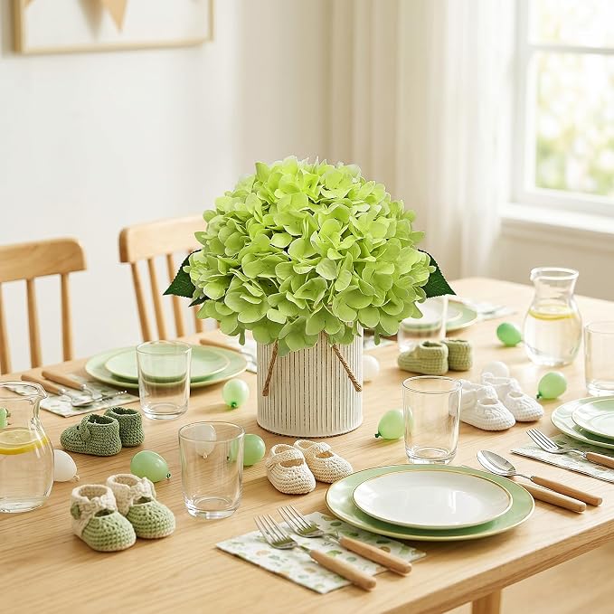 Set of 6 Artificial Flower Table Centerpieces - Light Green Fake Hydrangeas Floral Arrangement with Rustic Metal Vase for Baby Bridal Shower Birthday Party Event Decorations