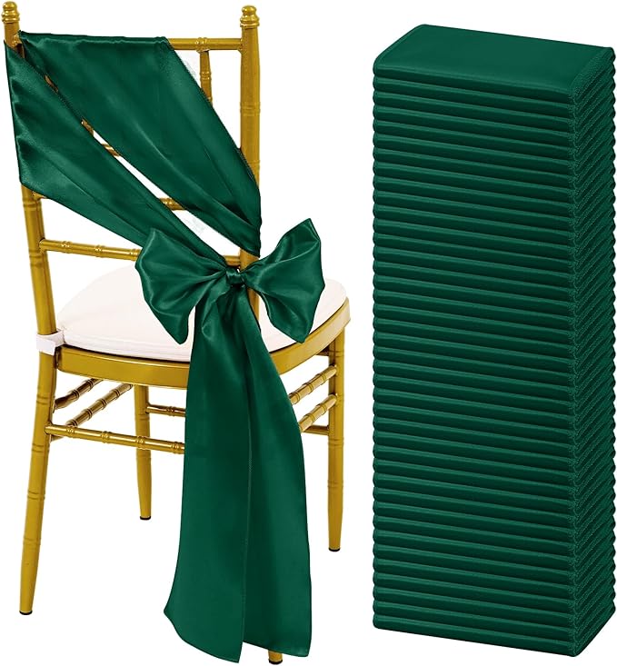 60 PCS Forest Green Chair Sashes, Ties Bows Designed Sashes for Washable Reusable Chair Covers Supplies for Wedding Reception Events Banquets Party Hotel Event Aisle Decorations (7 x 108 inch)