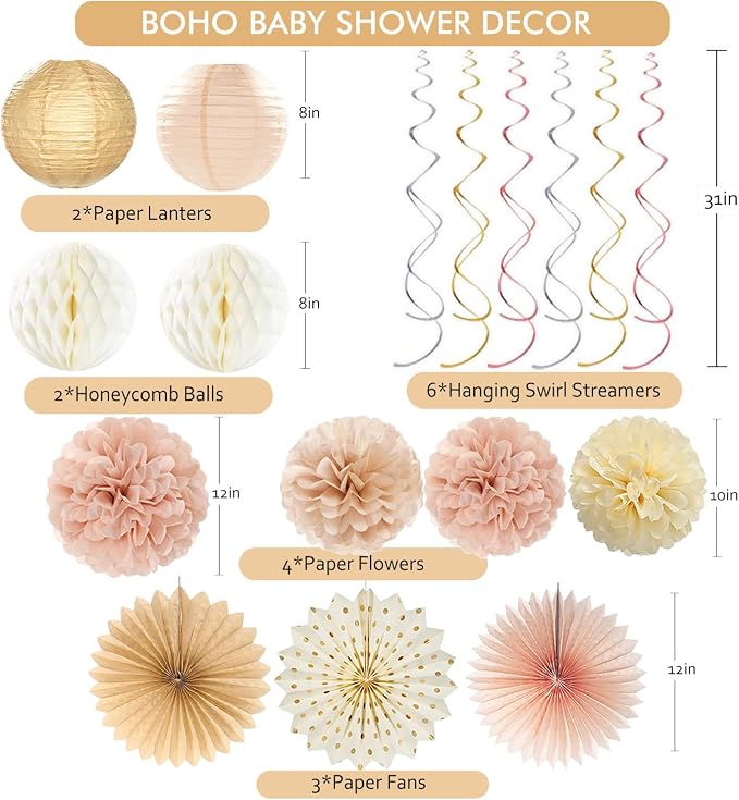 Champagne-Gold Boho Baby Shower Party Decoration -Welcome Baby Banner with Neutral Paper Lanterns, Girl Tassel Garland, Honeycomb Balls, Paper Flowers, Fans, Hanging Swirls Beige Peach Backdrop Décor