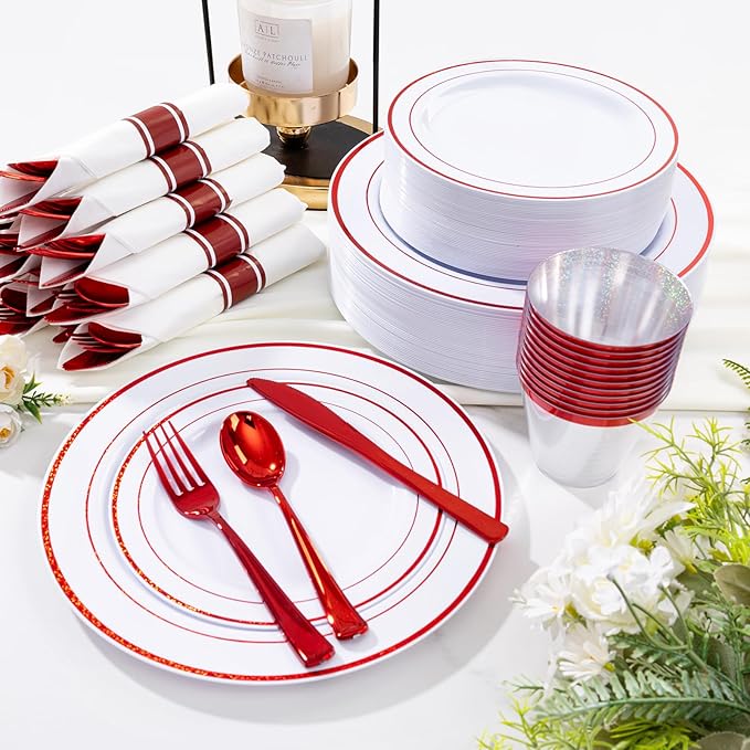WELLIFE 350 Pcs Red Plastic Plates for 50 Guests - Plastic Dinnerware Set,Valentines Party Supplies Includes 100 Red Plates,150 Silverware,50 Napkins,50 Cups, Valentines Plates