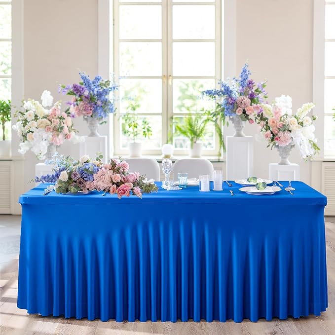 2 Pack Royal Blue Spandex Table Clothes for 8 Foot Rectangle Tables, Wrinkle Free Fitted Table Cover 8ft Stretch Tablecloths with Skirt for Parties Weddings Birthday Banquet Baby Shower