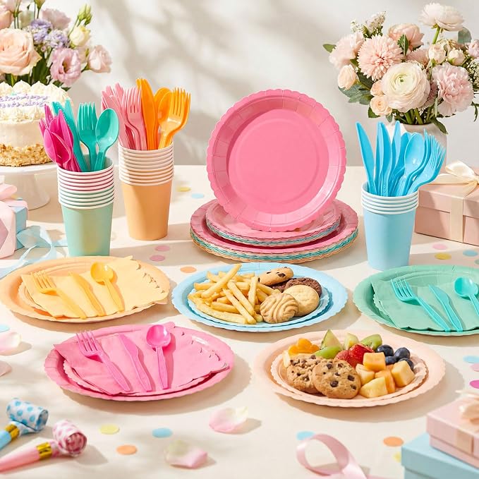 Zhehao 175 Pcs Candy Colors Party Supplies Set Colorful Disposable Tableware Kit with Plates, Cups, Napkins, Cutlery for Baby Shower, Birthday, Wedding