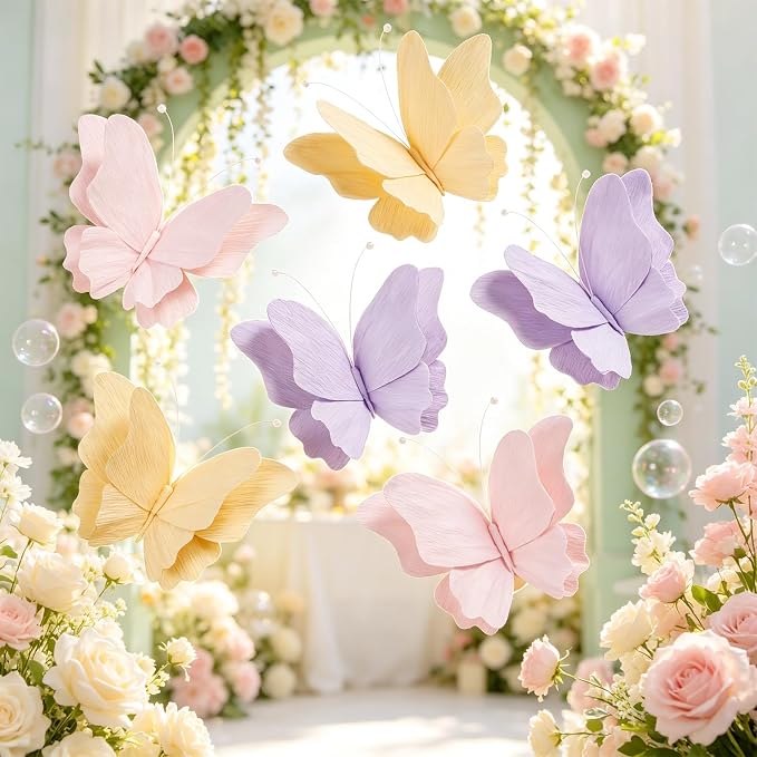 SUNBEAUTY Butterfly Party Decorations Hanging Butterfly Decorations 6Pcs Crepe Paper Garden 3D Butterflies Decor Pastel Paper Butterflies Decoration for Wedding Baby Shower Birthday Party Room Decor