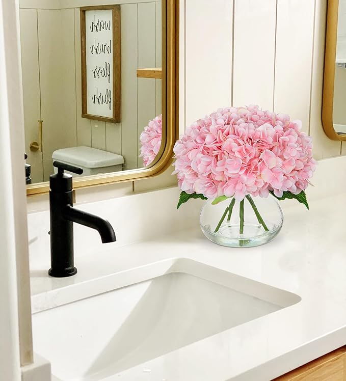 Hollyone Pink Hydrangea Artificial Flowers with Glass Vase Silk Faux Flowers Arrangements with Clear Faux Water Fake Floral Bulk Bouquet for Home Decor Table Centerpiece Decorations