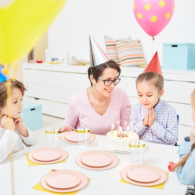 YOUBET 175PCS Pink Plastic Plates - Pink and Gold Disposable Plates Include 50 Plastic Plate, 75 Silverware, 25 Cups, 25 Napkins for Wedding & Party & Birthday Mothers Day