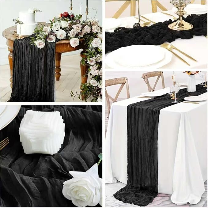 Cheesecloth Table Runner 10ft Rustic Gauze Cheese Cloth 35 x 120 Inches Long for Christmas Wedding Bridal Baby Shower Birthday Table Decorations (Black, 6 Pack-10FT)